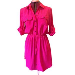 BEBOP - Pink Roll Up Sleeve Duo Pocket Safari Belted Collared Shirt Dress